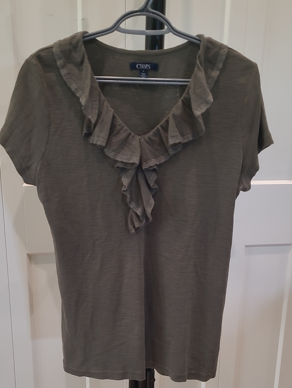 Chaps Olive Green Short-Sleeve Ruffle V-Neck Top